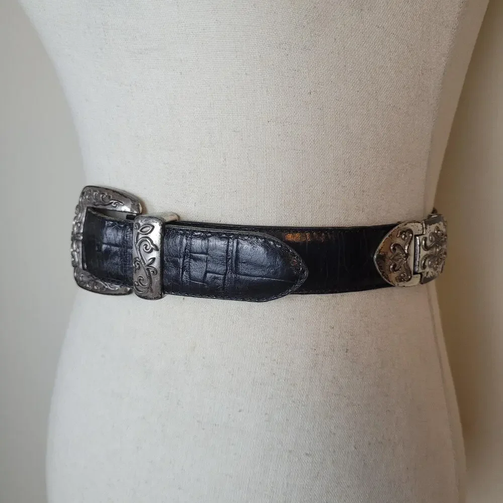 Fossil Belt Womens Med Black Leather Western Engraved Cowgirl Boho Rodeo Patina